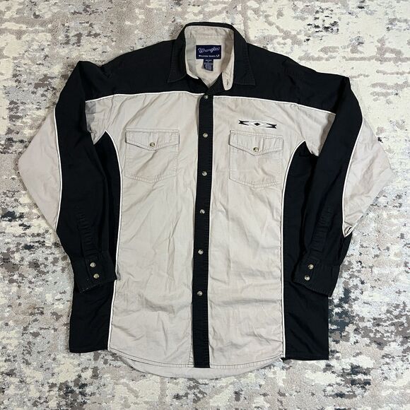 Vintage Wrangler Shirt Mens L Tall Pearl Snap Aztec Western Y2K Tan Black Cotton - Picture 1 of 12